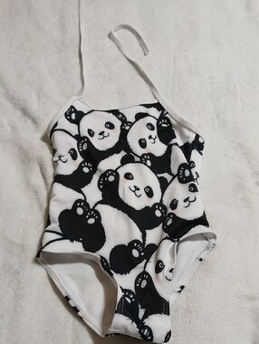 Kids One-Piece Swimsuit with Cute Panda Print - White & Black
